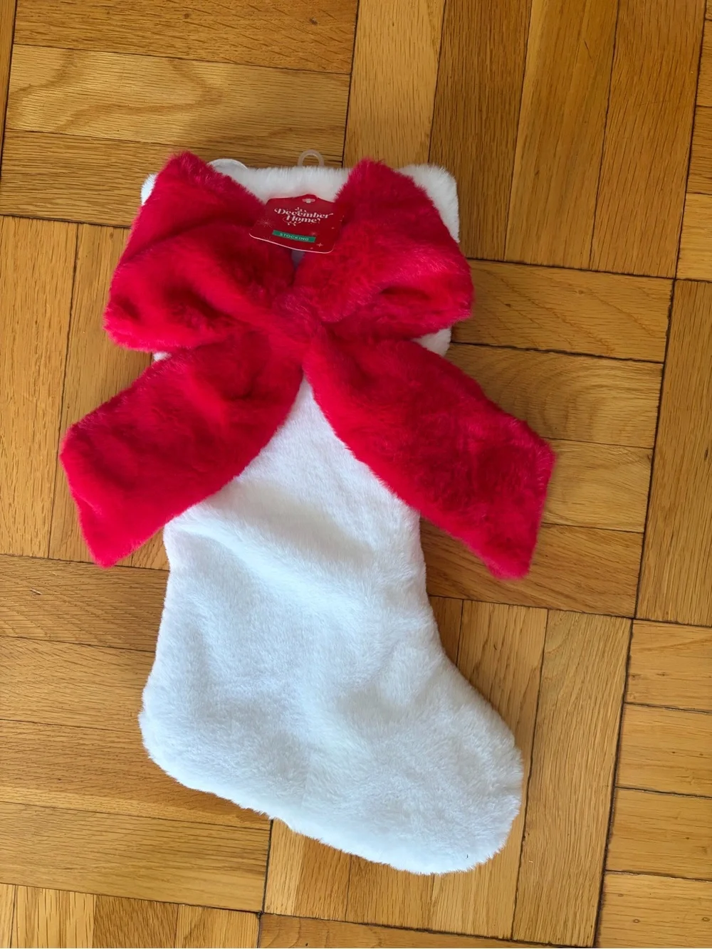 NWT Plush Faux Fur Christmas Stocking White with Red Bow. Soft!